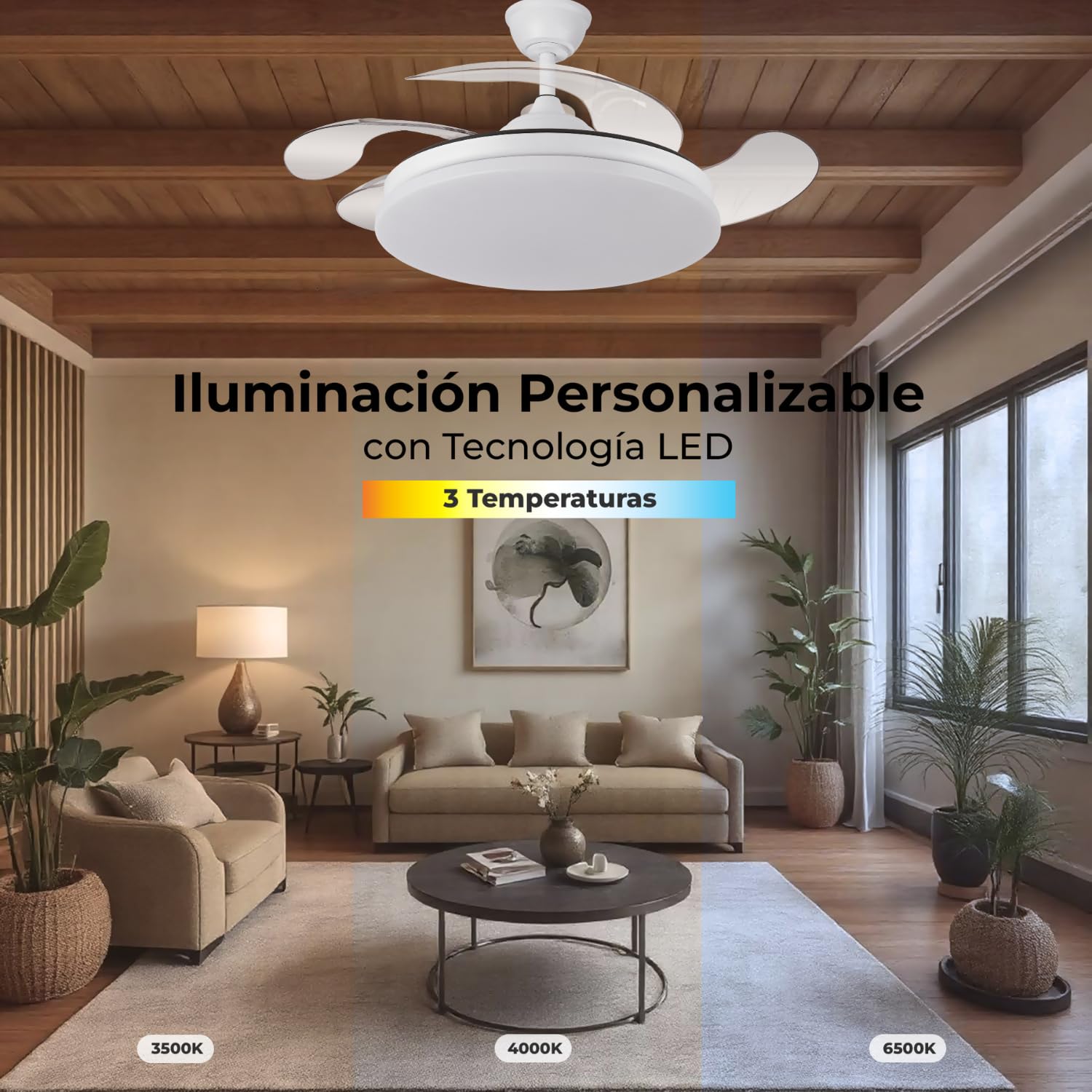 LUMIKING Ventilador de Techo Lampara con Luz LED, 107 CM - Silencioso 32 W de Motor con 4 Aspas - Ventiladores con Tonos de Luz Dimables y Funcion Verano/Invierno con Temporizador (Blanco, 107 cm)