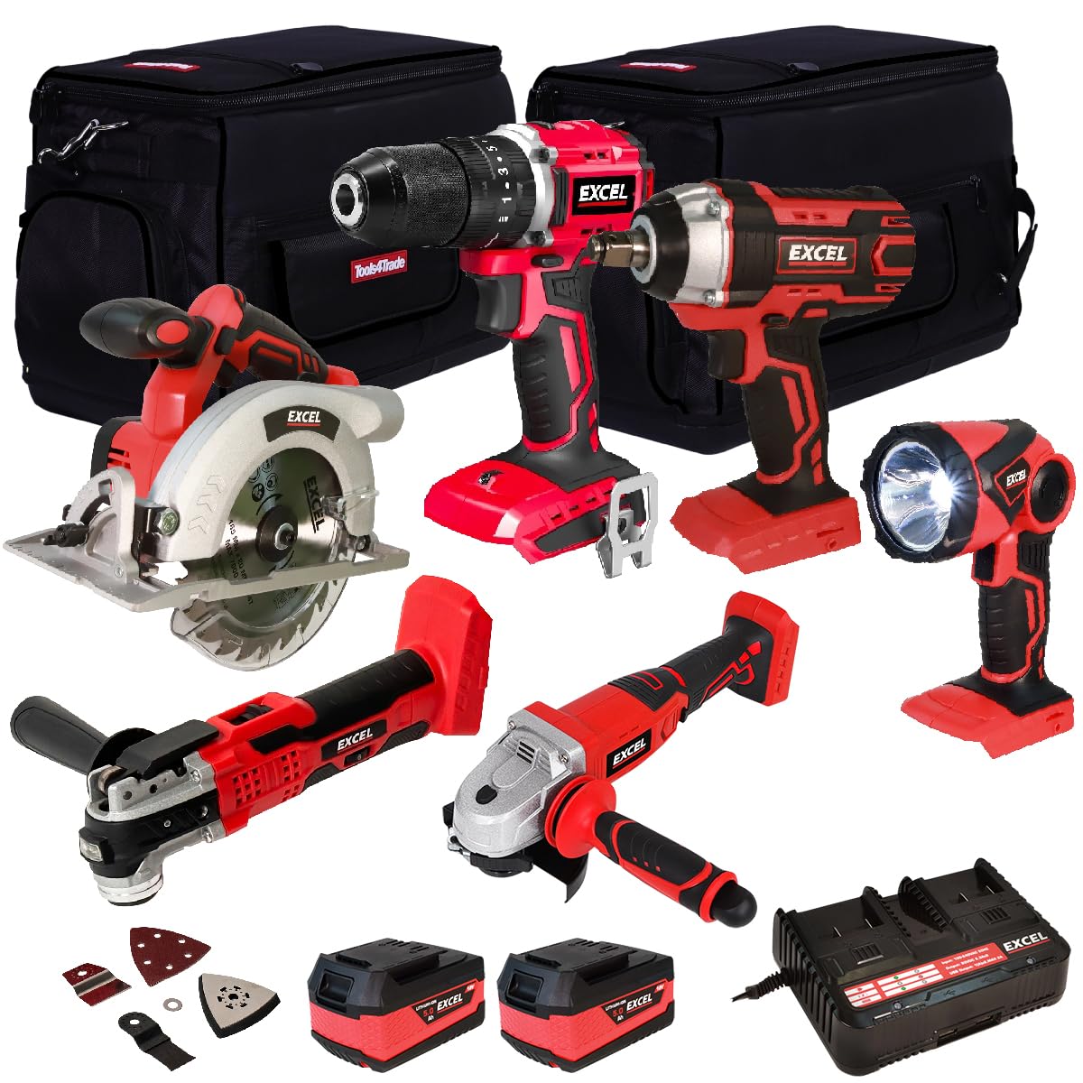 Excel18V Li-ion 6 Piece Cordless Power Tool Kit with 2 x 5.0Ah Batteries & Charger EXL10196- Monster Power Tool Kit- Combo Kit- 18V Cordless Power Tool Kits- Mega Power Tool- Excel kit