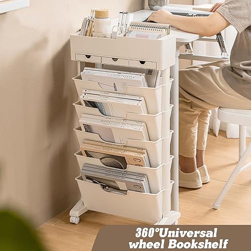 Miniatura 8 de Estantería de almacenamiento de 6 niveles, estantería movible única con 3 cajones, organizador de utilidad de gran capacidad, estantes blancos para