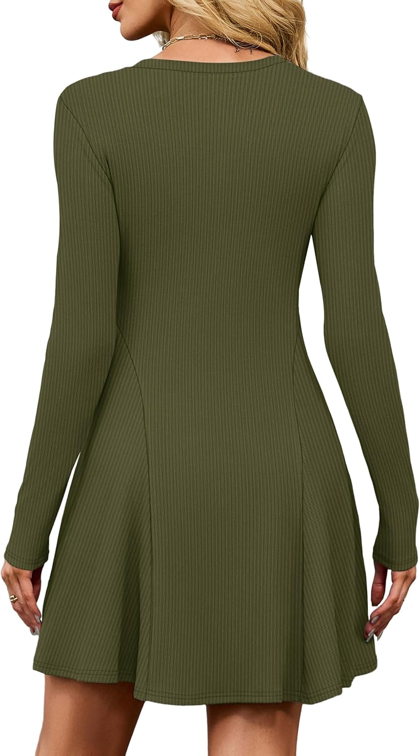 OFEEFAN Sweater Dress for Women Fall 2025 Long Sleeve Crew Neck Ribbed Knit Fit and Flare A-Line Dresses - Image 5