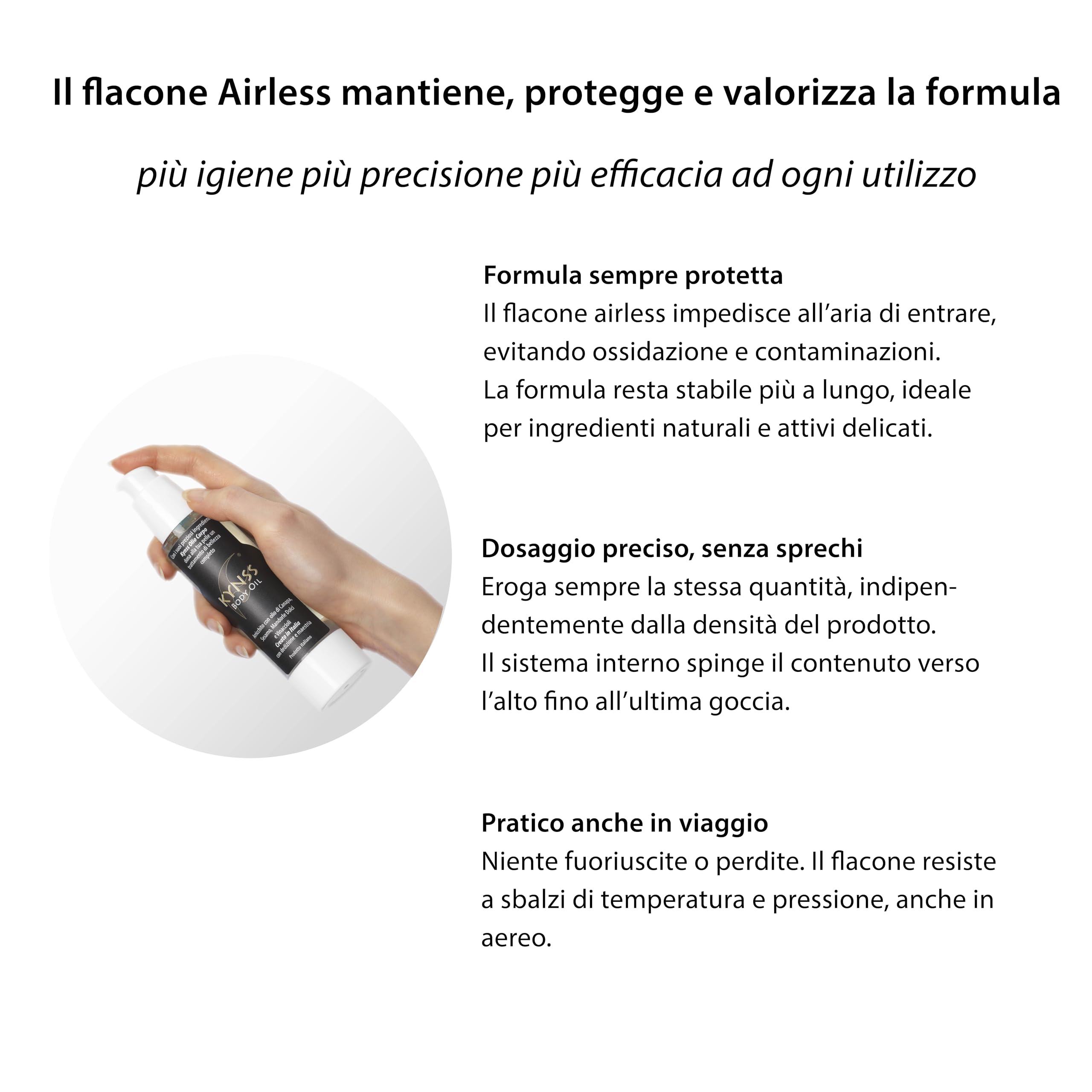 Kynss Olio Corpo Nutriente per Pelle Secca, 420 ml + 50 ml Airless Omaggio | Puro senz'acqua con 4 oli di alta qualità. Prodotto italiano
