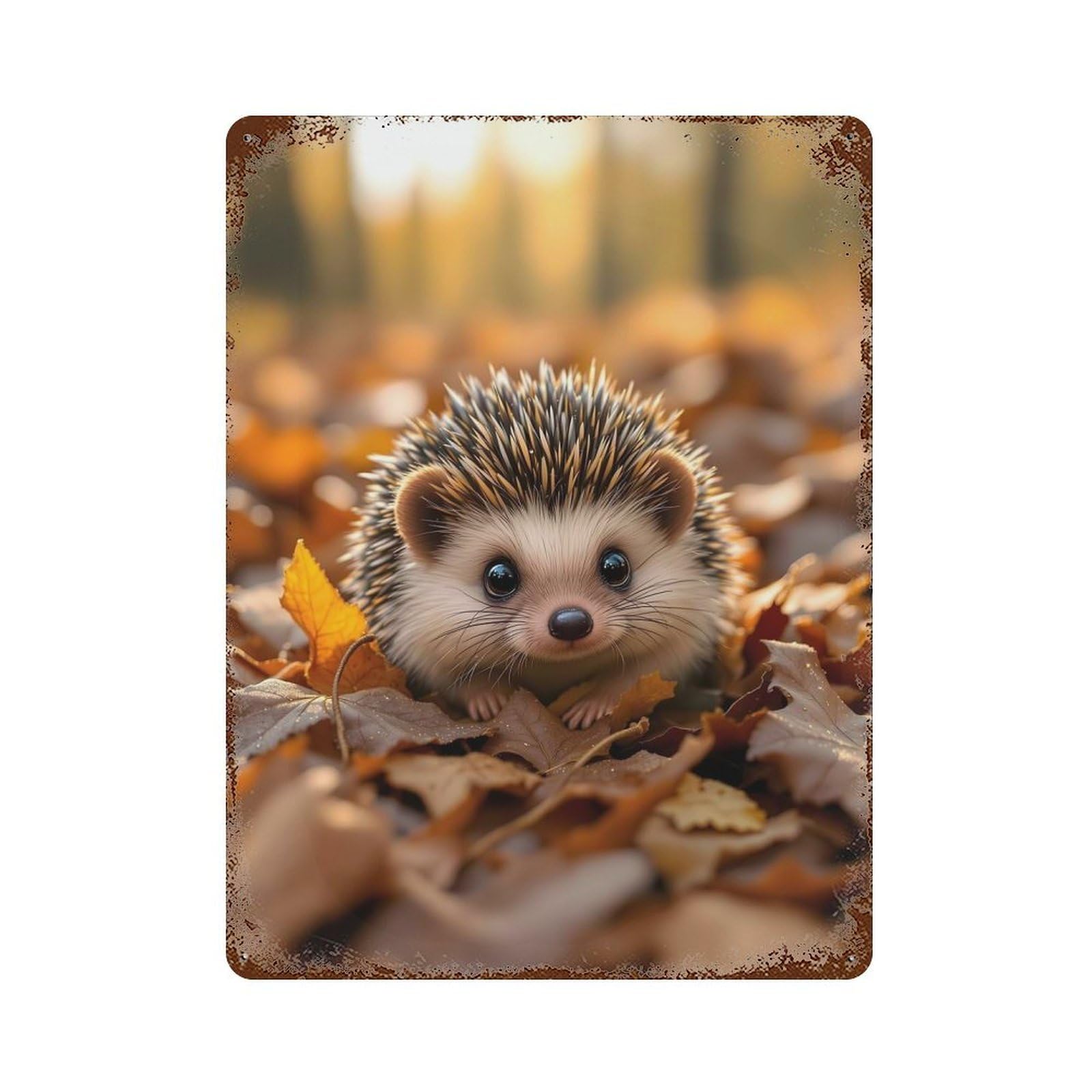 Cute Hedgehog in Autumn Leaves Vintage Metal Tin Sign 15.7"x11.8", Industrial Home Decor for Garage, Pub Or Kitchen