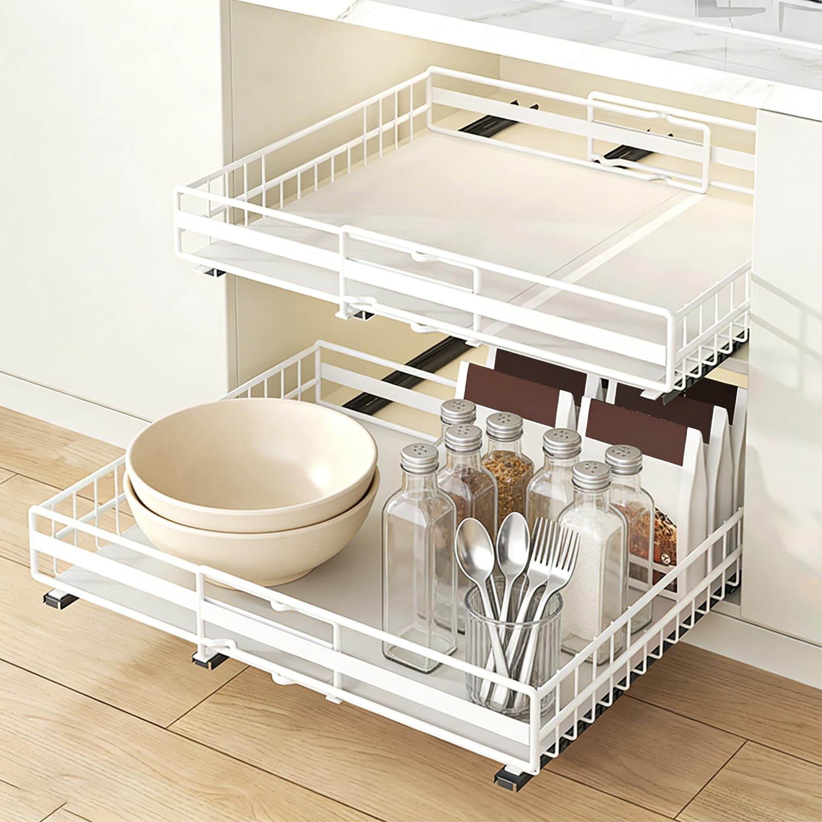 LANTUS Cesto Coulissan, porta spezie per bancone da cucina, organizer per bagno, cucina, ufficio, (31-49 cm e 32-51 cm) bianco