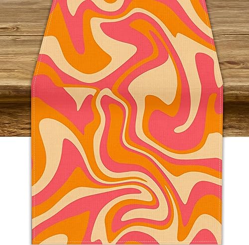 Miniatura 48 de Camino de mesa ondulado de los años 70, retro, hippie abstracto, vintage, verde, rosa, con estampado de ondas para el hogar, cocina, comedor, patio,