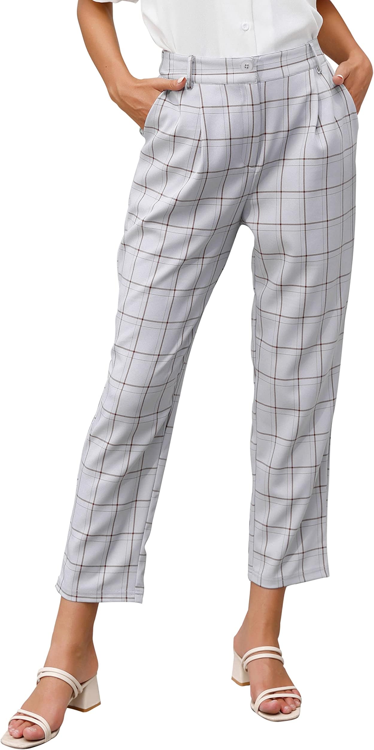 GRACE KARINWomen Casual Plaid Pants with Pockets Elastic Waist Pants