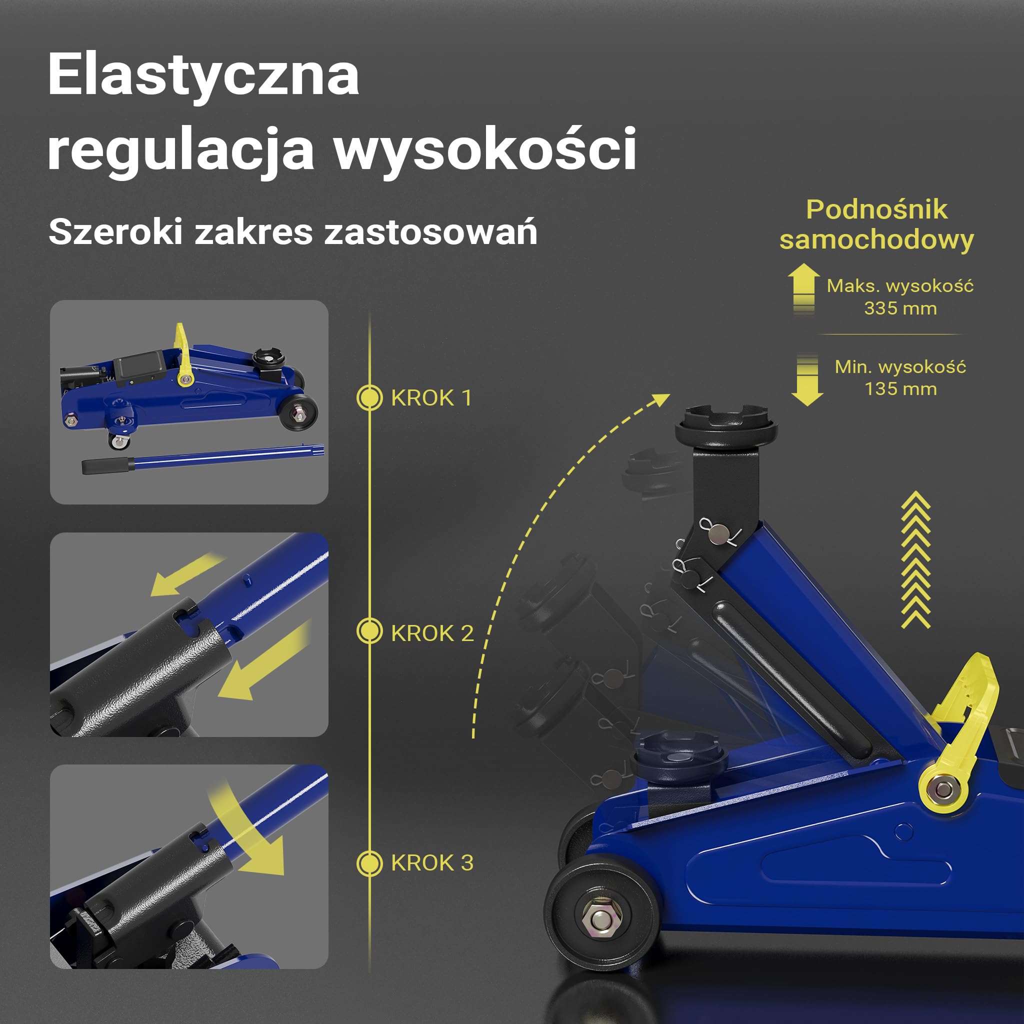 Wiltec zestaw podnośnik + 2 podpory, udźwig do 2 t, wysokość podnoszenia podnośnika 135-335 mm, wysokość robocza podpór 270-365 mm, podpory składane