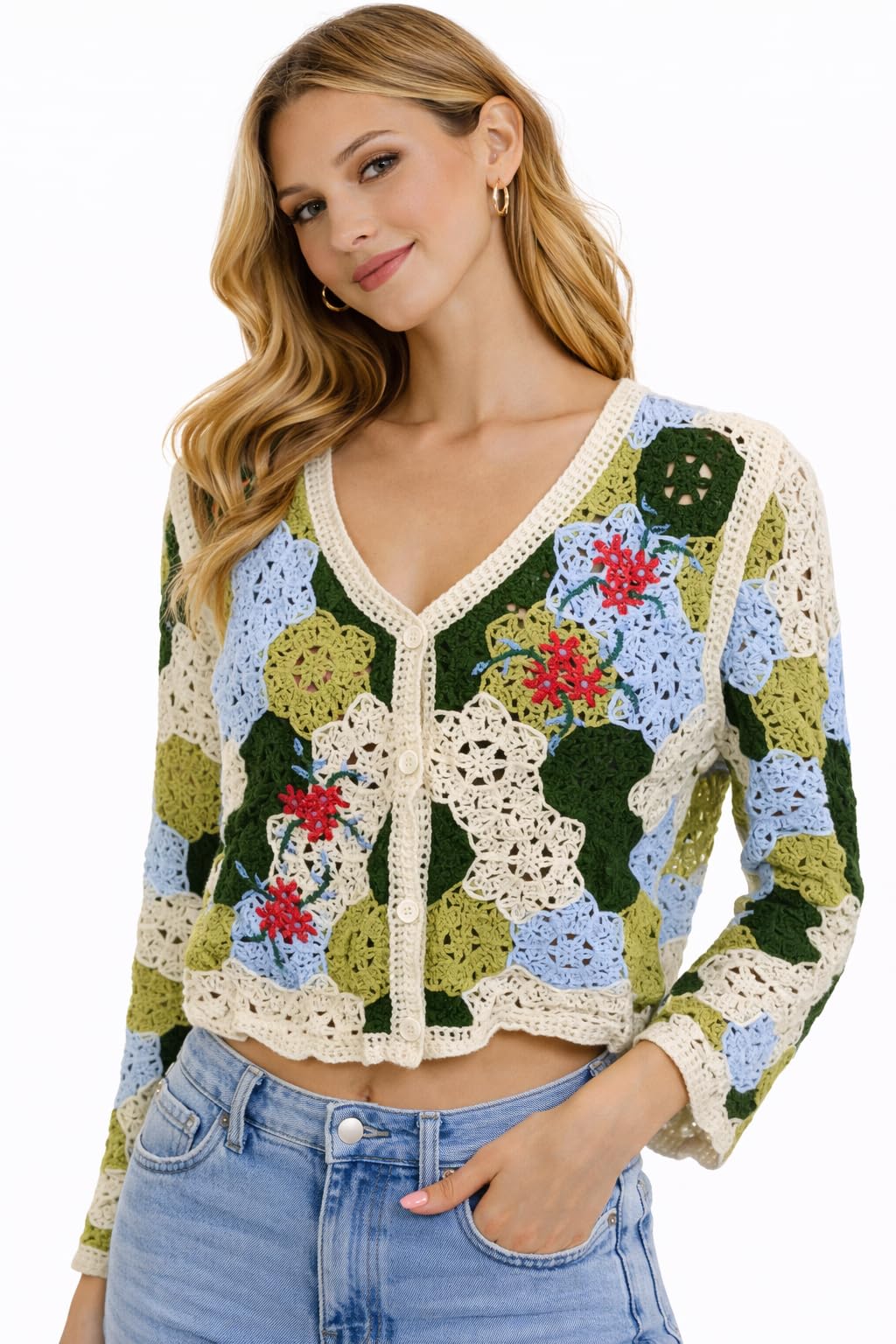 Women’s Crochet Knit Crop Cardigan Top V-Neck Button-Down Floral Patchwork Sweater Long Sleeve Boho Summer Shrug DN2103-1