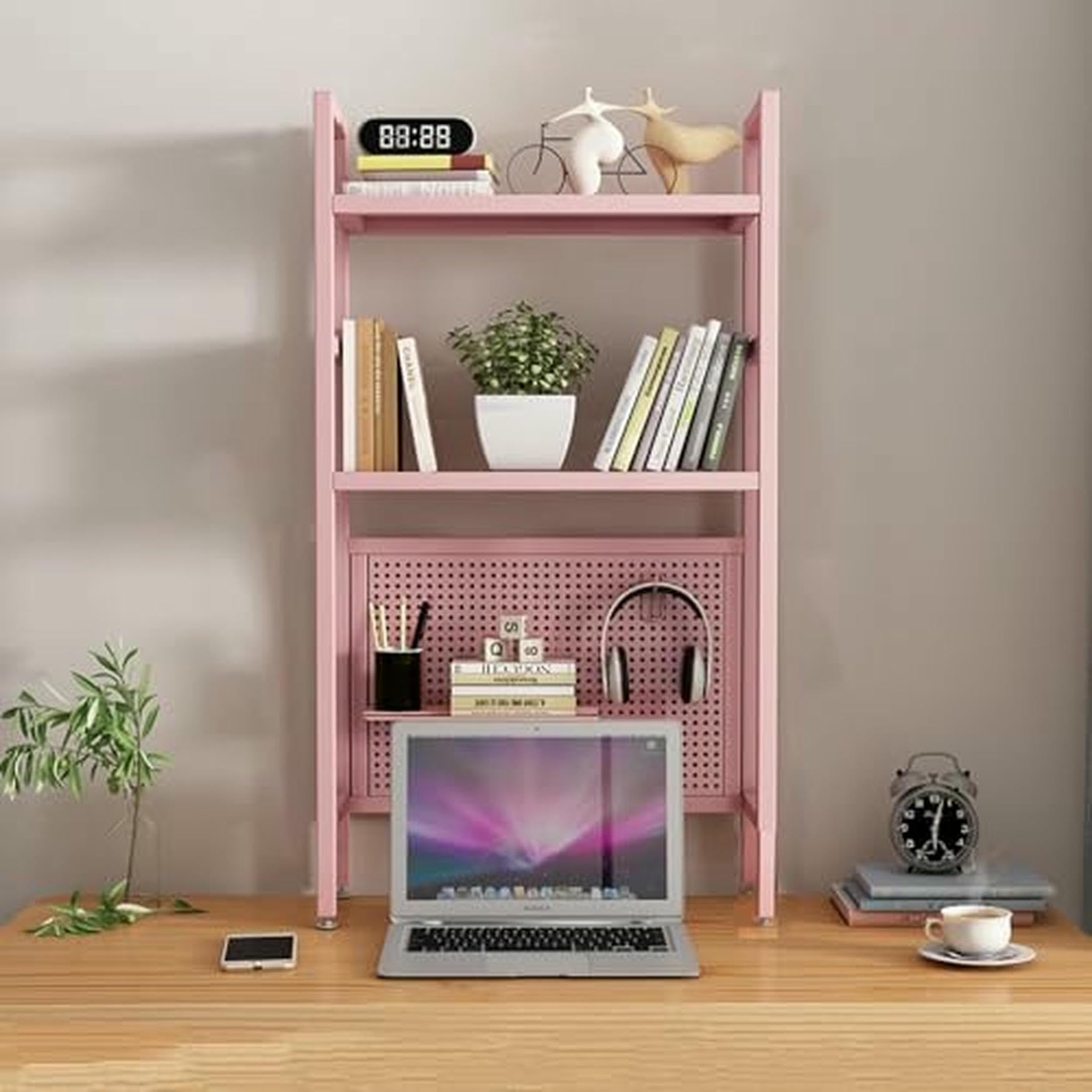 CWCQGH Black Desktop Hutch & Bookshelf - 95cm Student Pegboard Bookcase for Dormitory & Home Office - Computer Desk Storage Rack & Display, Single Layer Organization Solution,Pink Double Layer-55cm