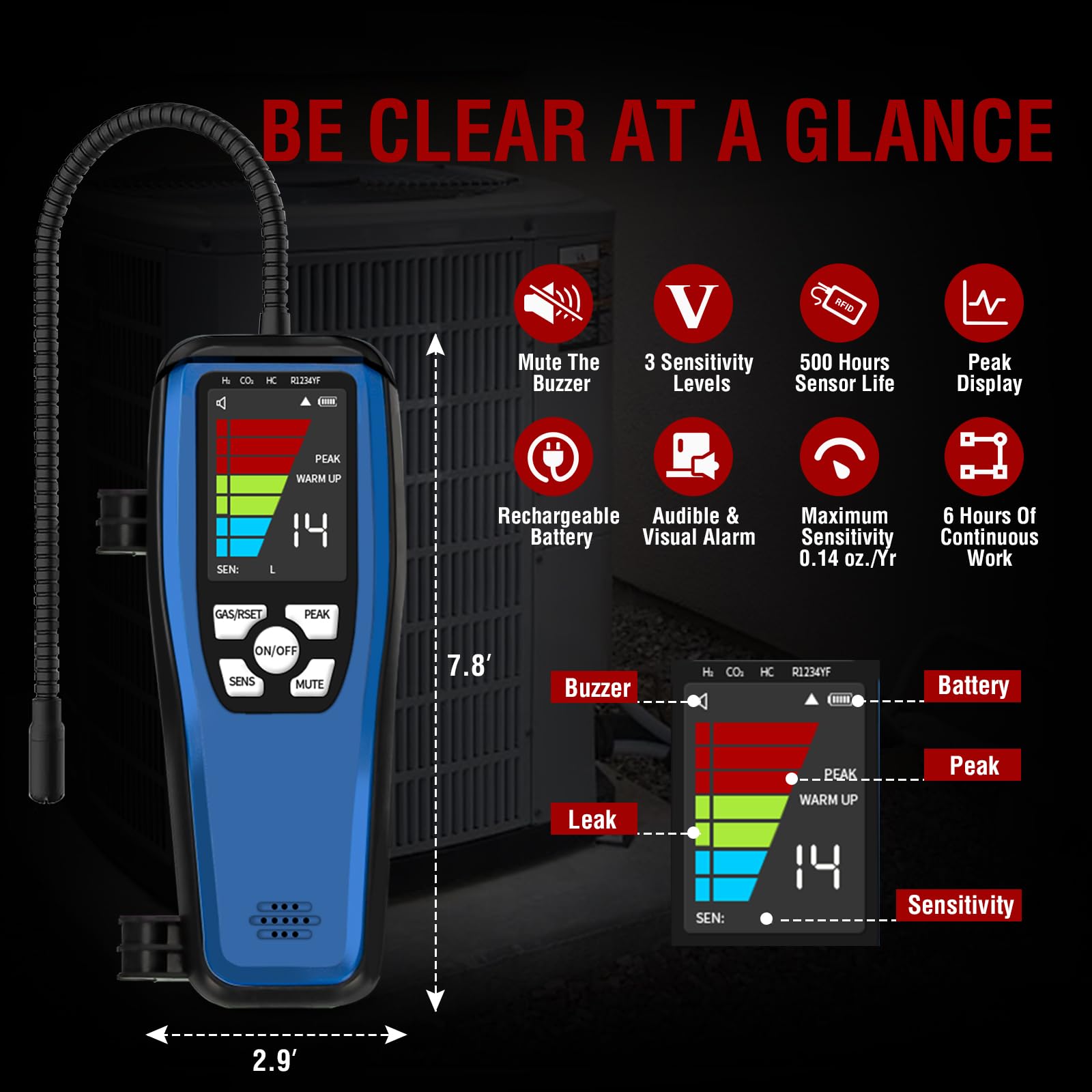 Kältemittel Lecksuchgerät, ALD-200 Freon Lecksuchgerät, batteriebetrieben, Freon-Sniffer, Halogen Detektor für R32, R454B, R134A, R410A, R22, R1234YF, R600a, R290, FCKW, HFCKW, HFKW, HCs, HFO