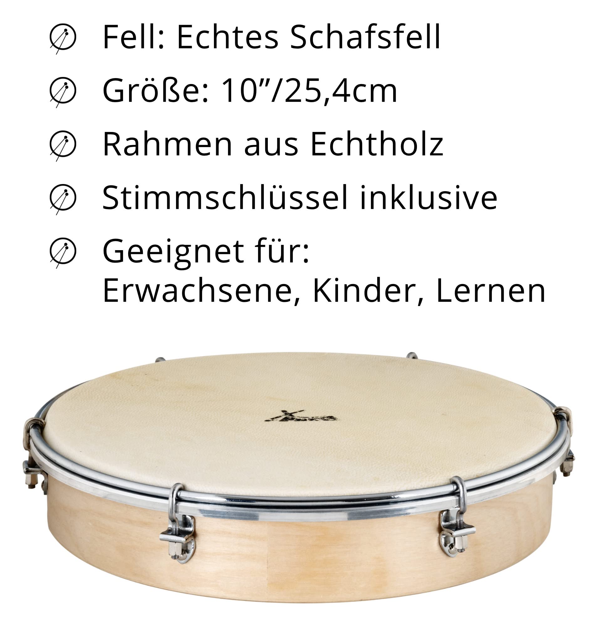 XDrum HTM-10S Tambourin 10" avec Peau Naturelle, Diamètre: 10" (25 | 4 cm), Peau robuste en peau de mouton, Cadre en bois d’érable, 6 crochets de tension pour accorder le tambourin, Polyvalent