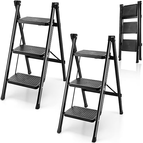 2 Pack Step Ladder 3 Step Folding, Small Step Stool with Wide Anti Slip Pedals for Adults Kids, Foldable Step Ladder for Kitchen Office Home, Sturdy 330 Lbs Flower Shelf Stepladders
