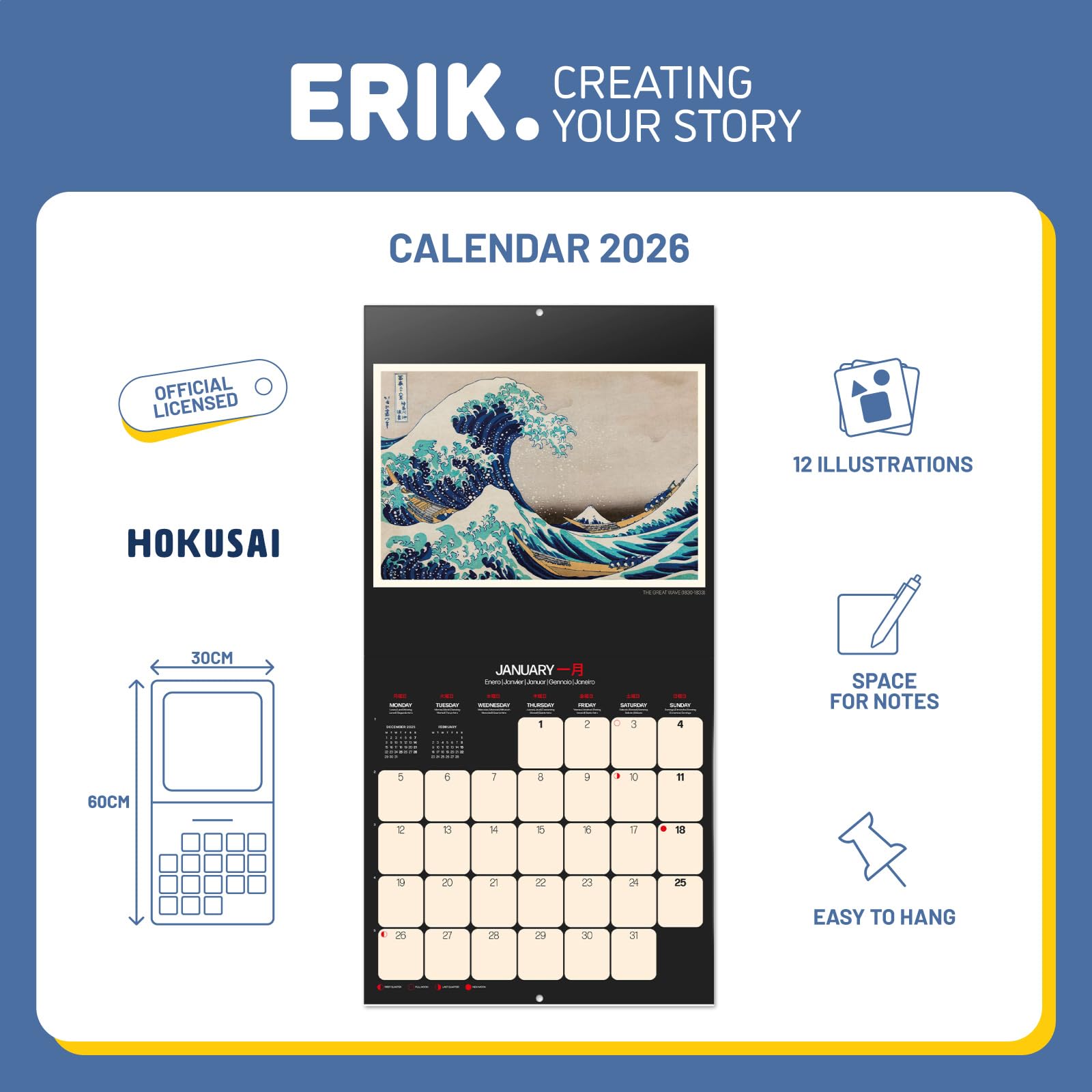 Grupo Erik: Japanese Art Wall Calendar 2026 Monthly Calendar 2026 – 30 X 30 Cm, Planner 2026 – Monthly Wall Planner