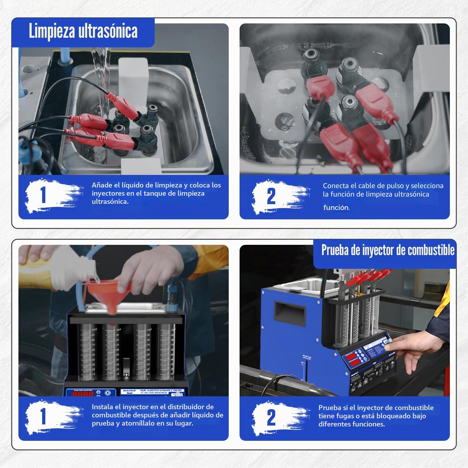 Limpiador y probador de inyectores ultrasónicos con Calentamiento 45℃, 4 Cilindros, Coches, Motocicletas, combustibles comunes, eliminación efectiva de Carbono y Prueba de Funcionamiento