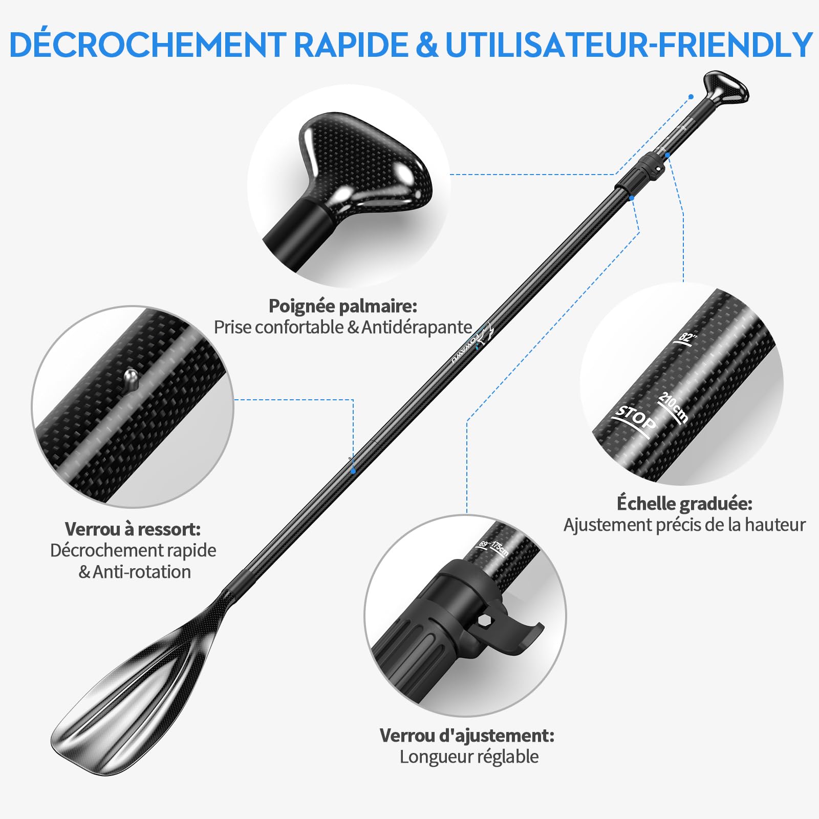 FOWAWU Semi-Carbone/Carbone Rame Pagaie, Pagaie 3 pièces pour Sup Planche à pagaie Debout - pour Planche Gonflable - Léger & Résistant (Taille 160–210 cm)