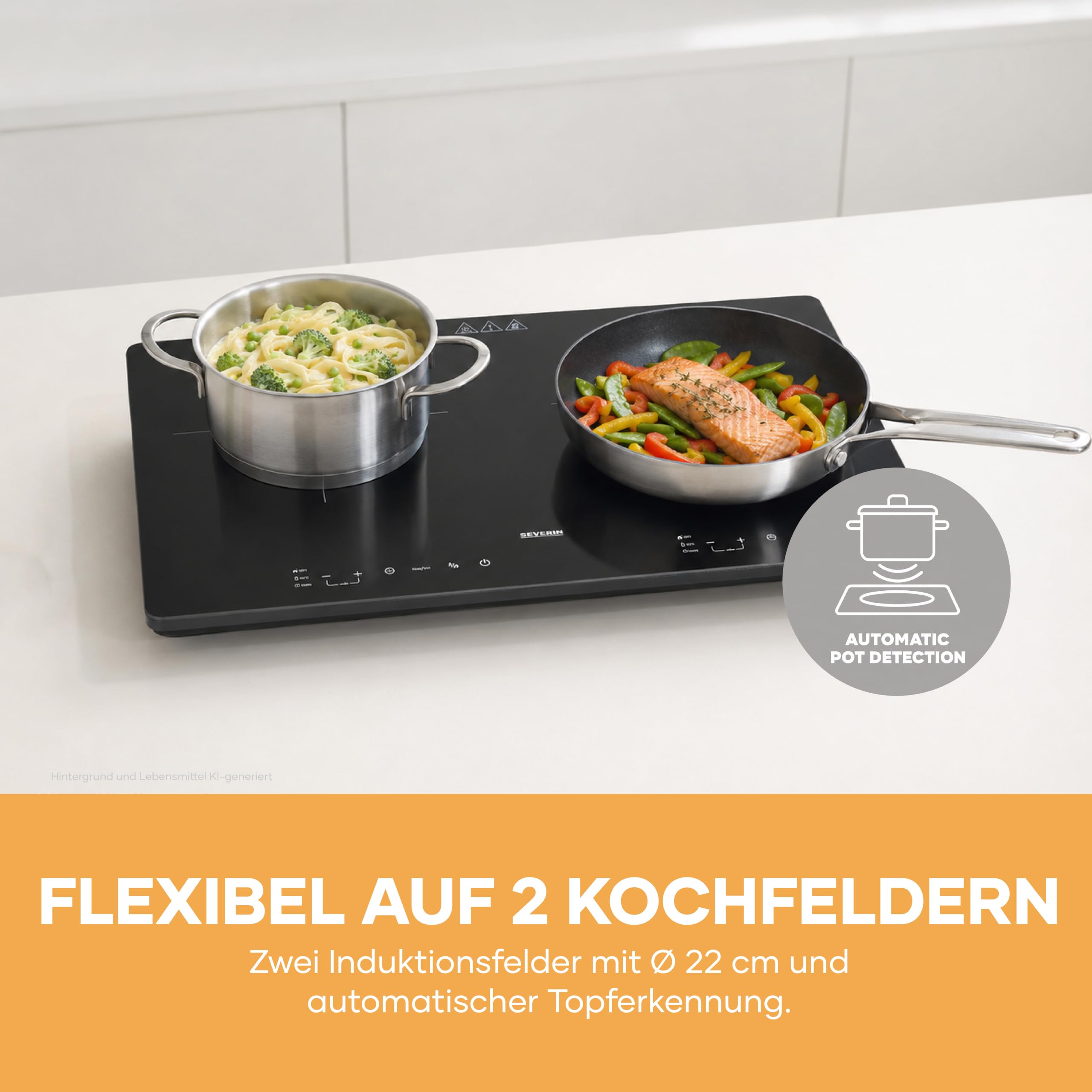Severin Doppel-Induktionskochplatte 2 Platten, kratzfeste Glaskeramik-Kochfelder, matt, 10 Leistungsstufen, Touch-Display, Timerfunktion, automatische Abschaltung, 3.400W, schwarz, Glas, DK 1033