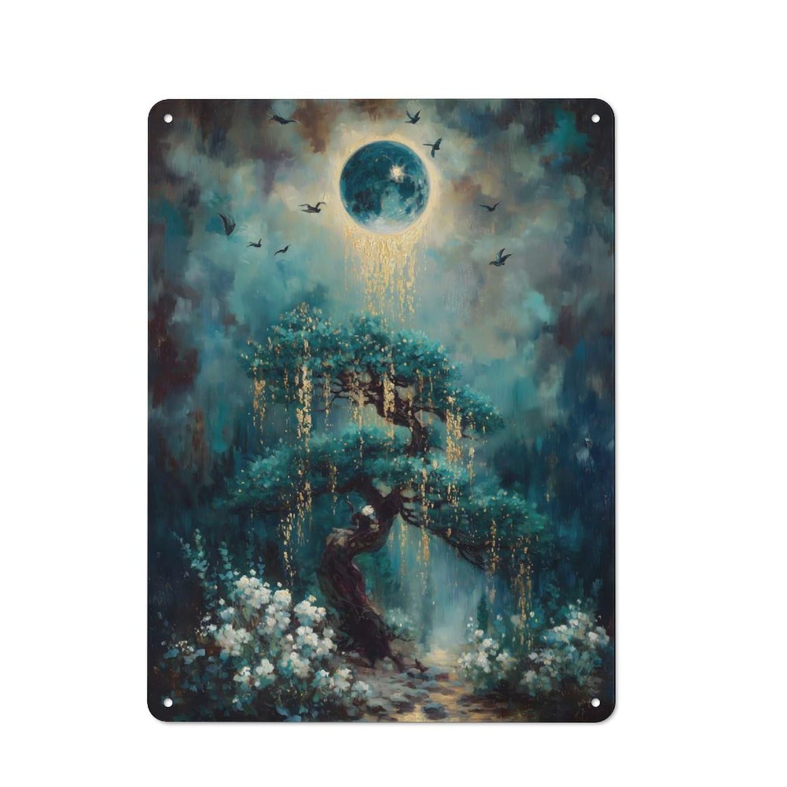 Junmoney Mystical Tree Under A Glowing Moon Tin Wall Plaque With Design 40X30cm, Country Vintage Cottage Wall Art For Kitchen, Cottage, Porch Or Garden Room