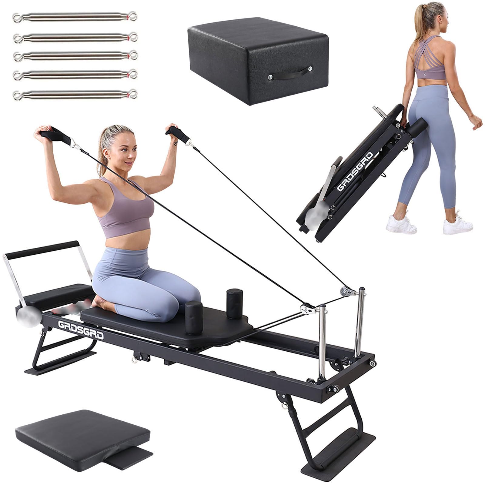 Foldable Reformer Pilates Machine Compact Pilates Reformer Machine Equipment for Home Gym,Black