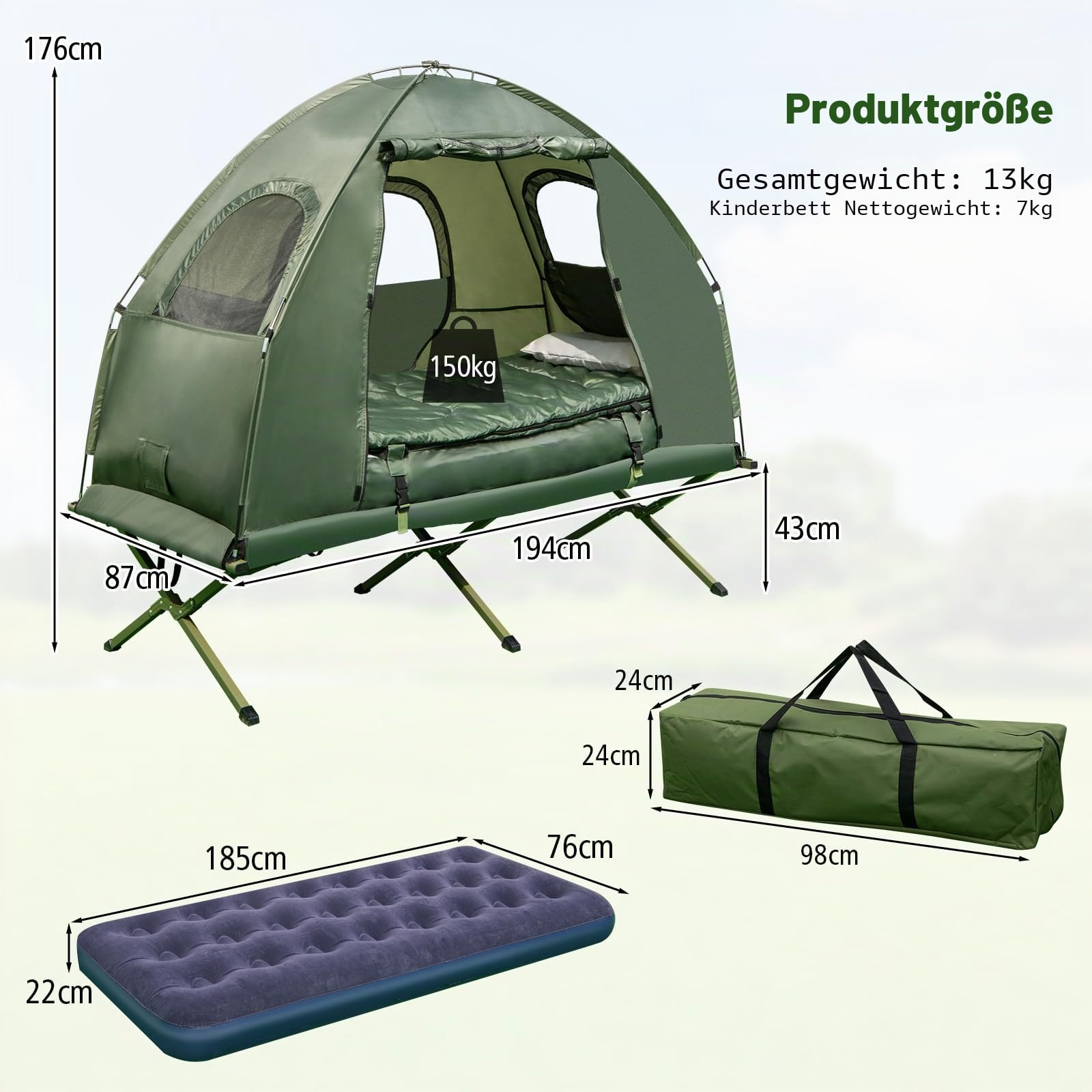 HOMASIS Campingzelt mit Feldbett, Campingbett mit Sonnendach, Kuppelzelt mit Luftmatratze & Schlafsack, Zelt mit Tragtasche für eine Person, Metallrahmen, Grün