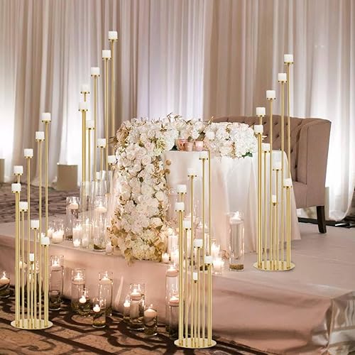 Miniatura 7 de Juego de 4 candelabros de 9 brazos, portavelas de piso alto para decoración de pasillo de boda, candelabros dorados para chimenea, soporte de vela