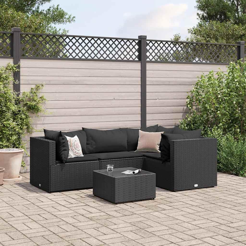 5-Piece Modular Patio Lounge Set Black with Tempered Glass Table and 7 Cushions, Poly Rattan Outdoor Furniture for Garden Balcony, Spacious Seating Comfortable Durable Easy