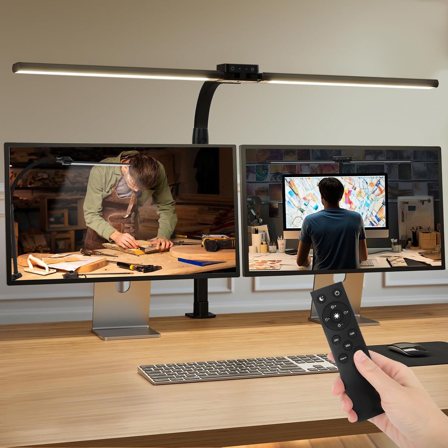 TONGLIN Lámpara Escritorio LED Regulable con Control Remoto, 1600 LM Lámpara de Doble Cabezal con Abrazadera, 75CM 24W Protección Ocular Flexo Escritorio,5 Temperaturas Color y Niveles Brillo