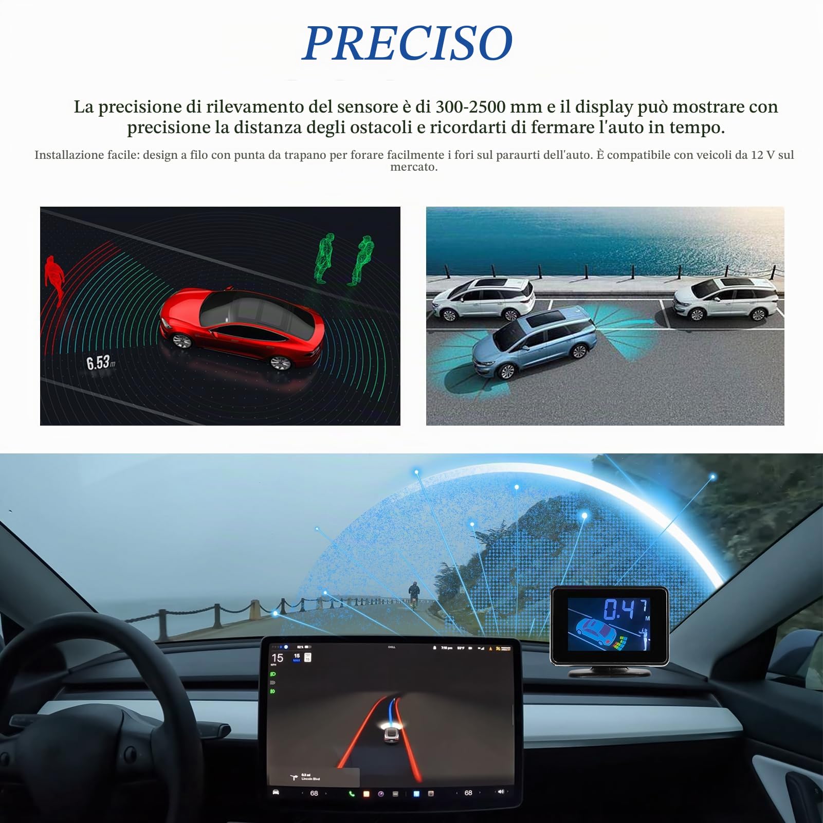 Sistemas del Sensore di Parcheggio per Auto con 8 Sensori - Inversione Anteriore e Posteriore con Avvertimento Sonoro, Display a Distanza LCD Regolabile e modalità di (BLACK)