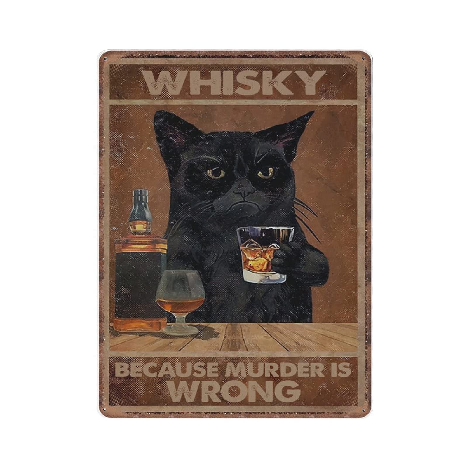 Gqwjksz Material_tin 5 Black Cat Tin Signs, Whiskey Because Murder Is Wrong, Cat Whiskey Art Retro Funny Metal Sign Vintage Poster Wall Art For Kitchen Garden Bathroom Farm Home Coffee Decor Tin Sign, 30X40 Cm