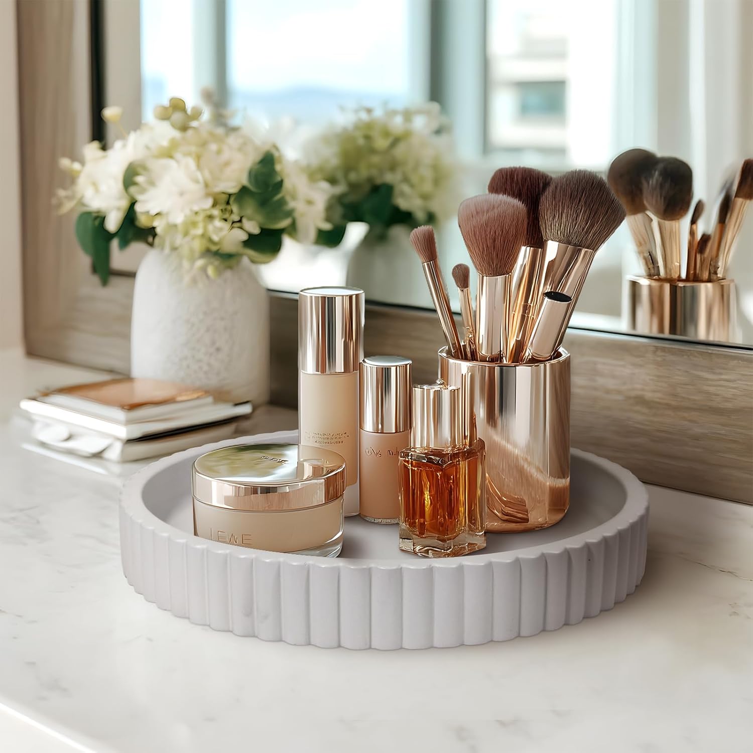 MAONAME Concrete Bathroom Vanity Tray, 11" Modern Gray Round Stone Tray, Small Decorative Trays, Dresser Organizer Trays for Home Decor, Living Room