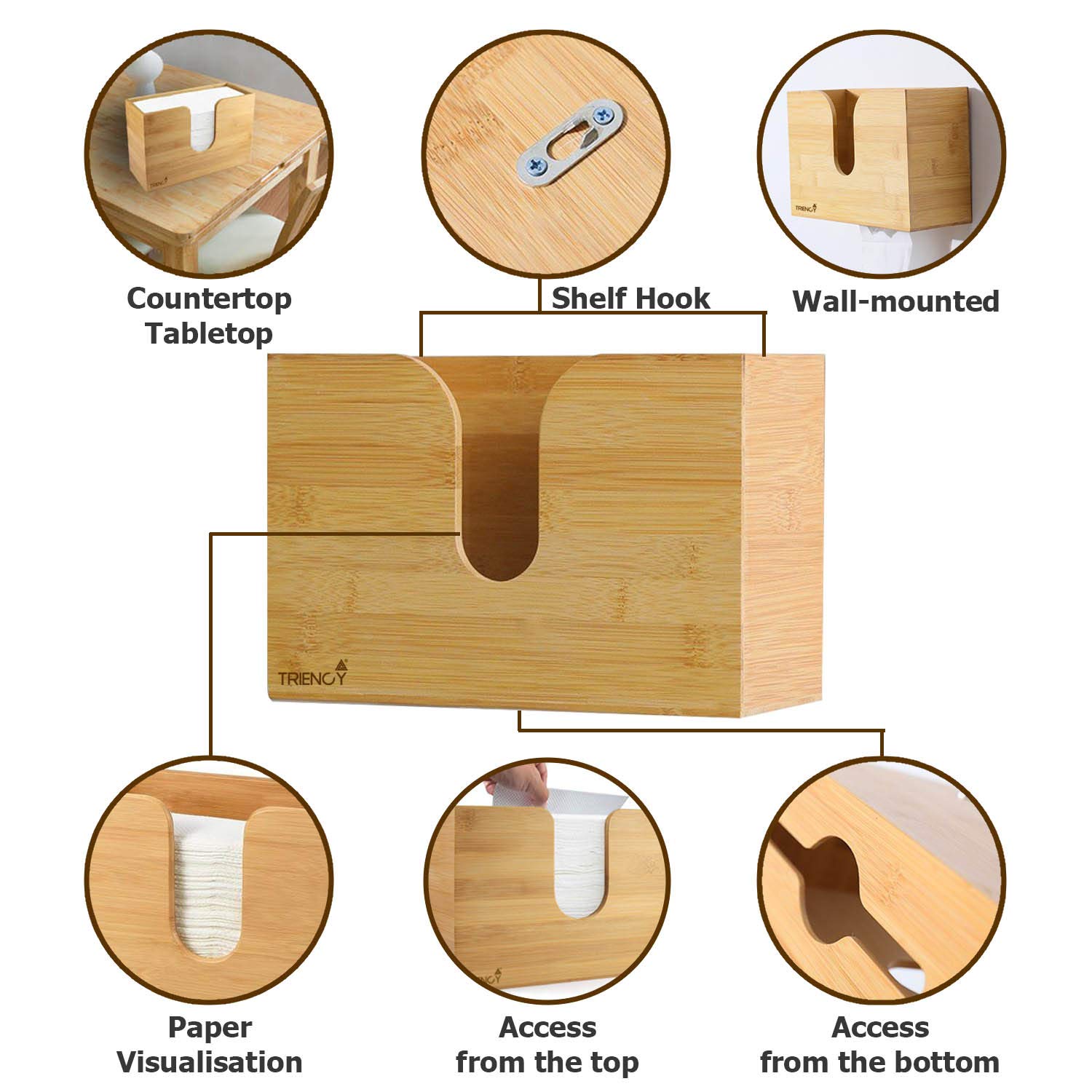 TRIENCY Bamboo Paper Towel Dispenser, Paper Towel Holder, Hand Towel