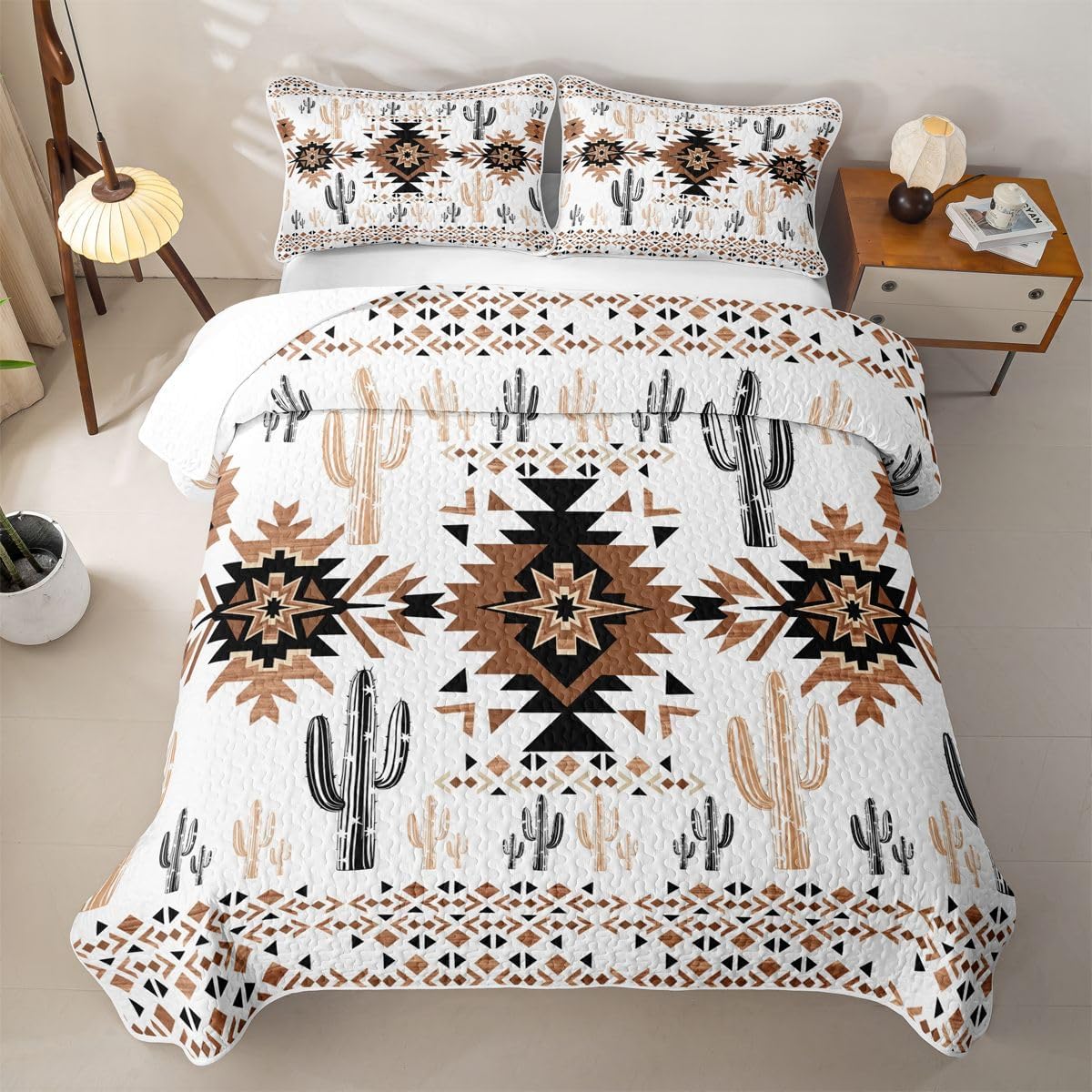 Feelyou Khaki Southwestern Aztec Quilt Sets Queen Geometric Vintage Quilt