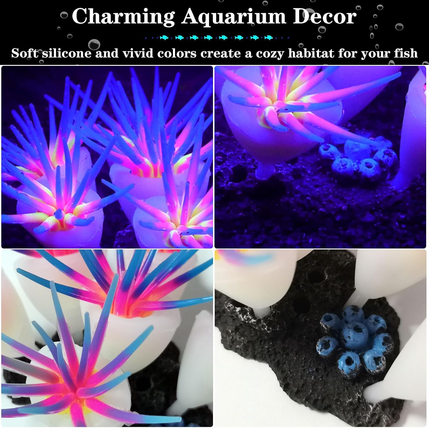Silicone Glowing Effect Aquarium Fish Tank Decorations, Artificial Soft Anemone Coral Plants Ornaments for Aquarium Decor Landscape, Glow in Dark Fish Tank Accessories Decorations(Blue) image 5