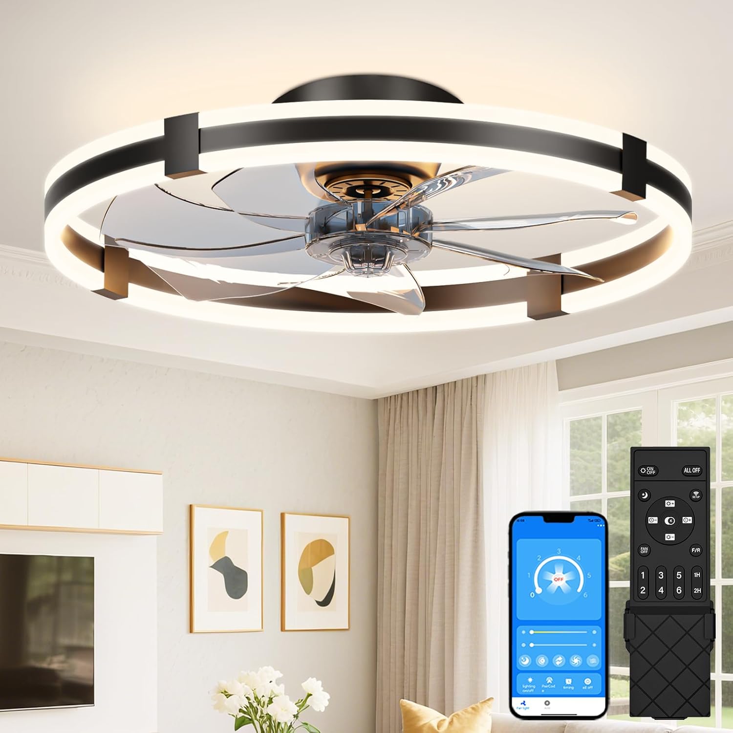VOLISUN Ceiling Fans with Lights and Remote, 19.7in Low Profile Ceiling Fans with Light, 3000K-6500K Dimmable Fandelier Ceiling Fan, Black Flush Mount Ceiling Fan for Bedroom