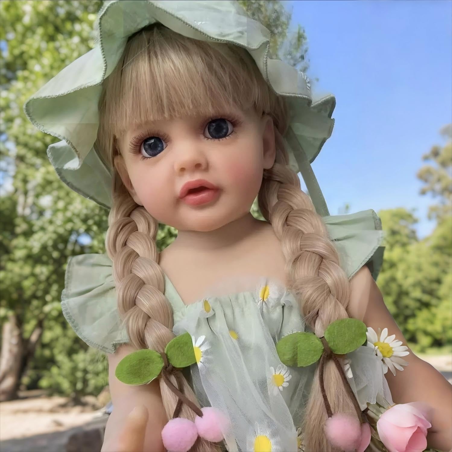 Lifelike Reborn Toddler Dolls Girl 22 Inch Realistic Lovely Babies Soft Full Body with Wig Sheath Green Dress Clothes Set