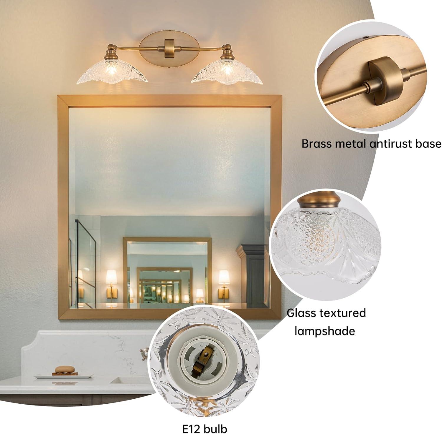 Vintage Vanity Lights, 2-Light 22.83in Antique Brass Bathroom Light fixtures(Requires E12 Bulb, Not Included)