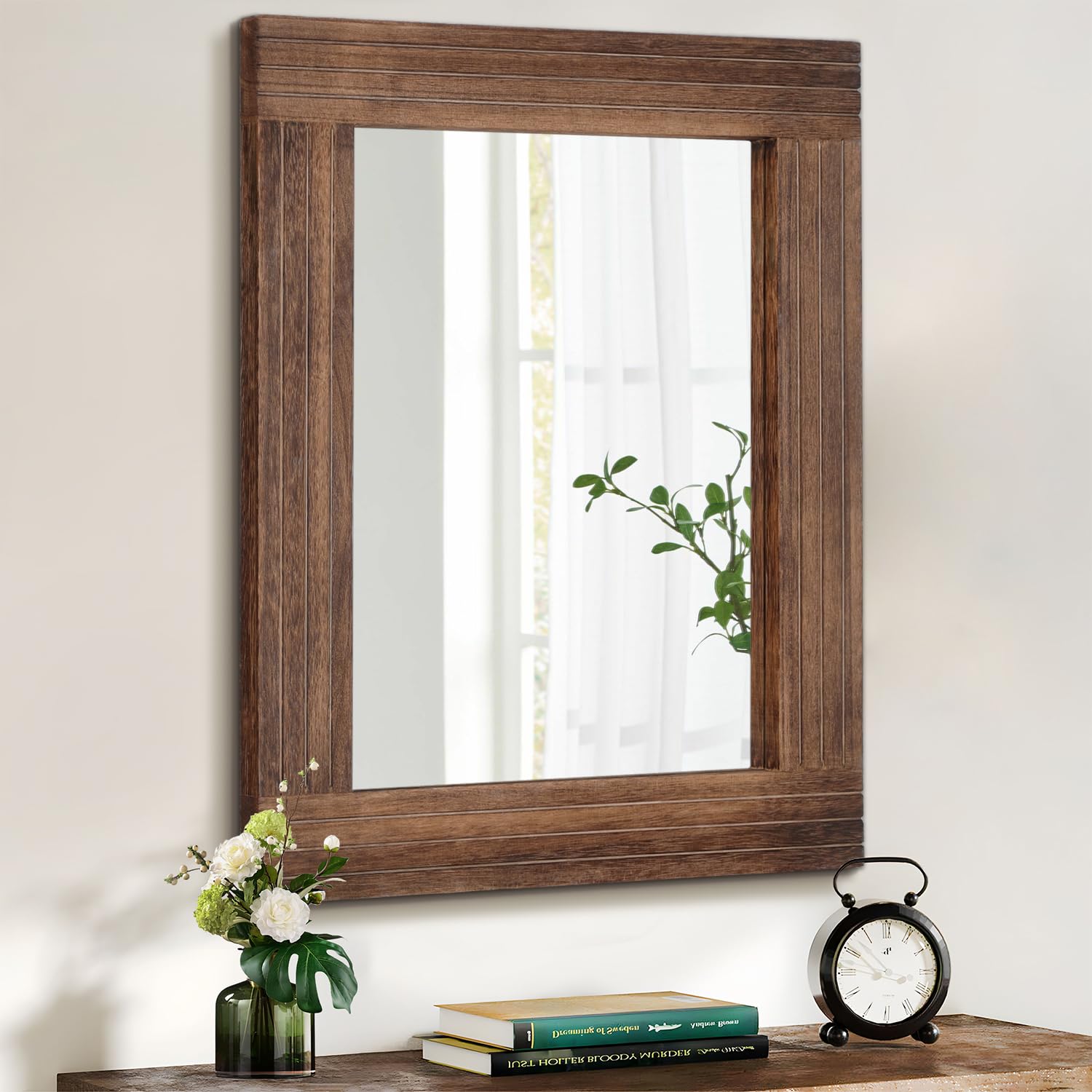 HLFMVWE Espejo rústico rectangular de madera con marco de espejo de pared antiguo, decoración de casa de campo, dormitorio, tocador, dormitorio, entrada, espejo grande marrón, 45 x 65 cm