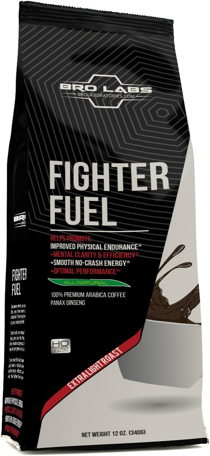 Pre Ground Coffee Blend - Fighter Fuel - Peak Performance Light Roast Premium Arabica Coffe + 250mg Korean Red Panax Ginseng Root Extract Powder Per Serving! by Bro Labs & Brandon Carter