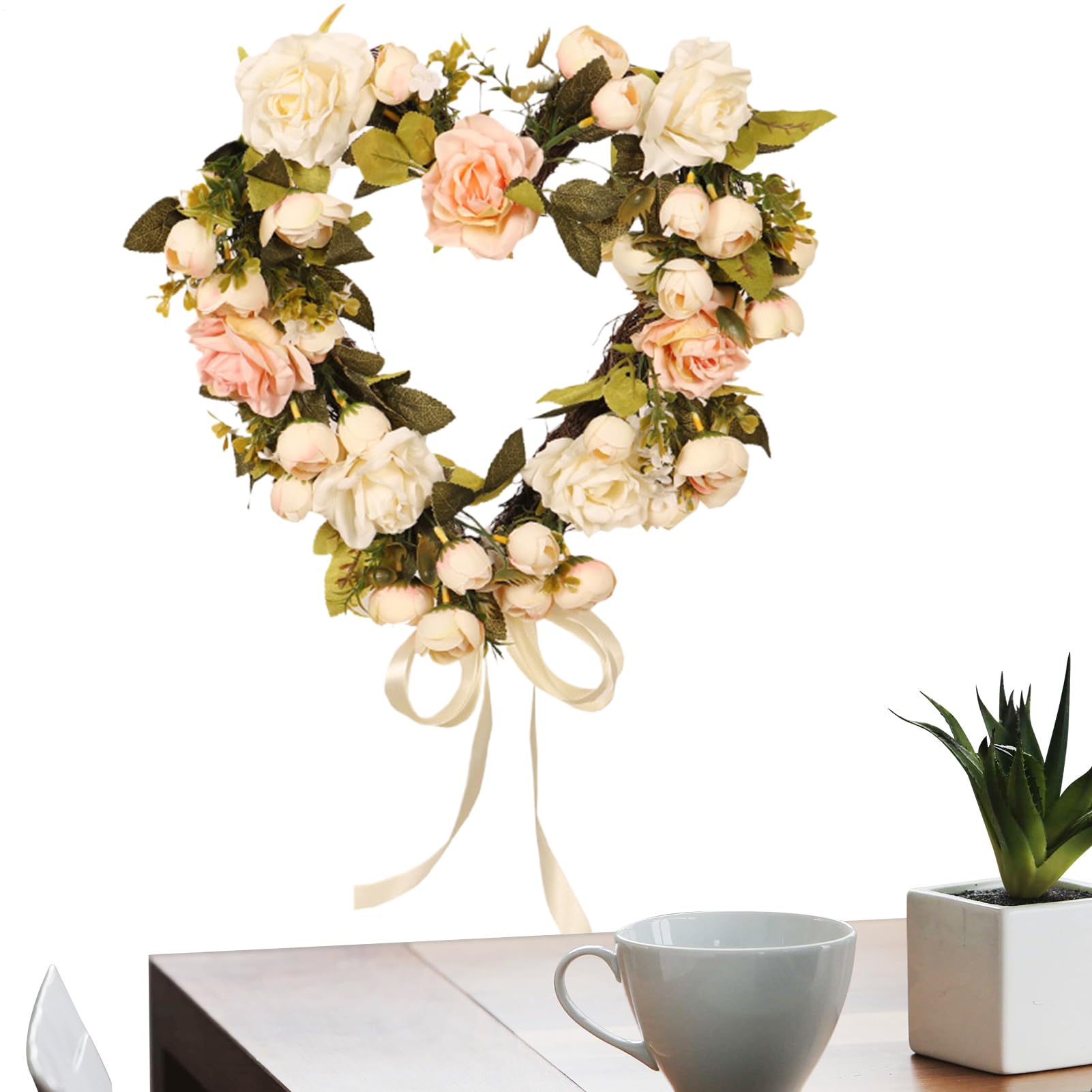 Couronne de cœur fleurs printanières 38 cm guirlande de mariage et Saint-Valentin