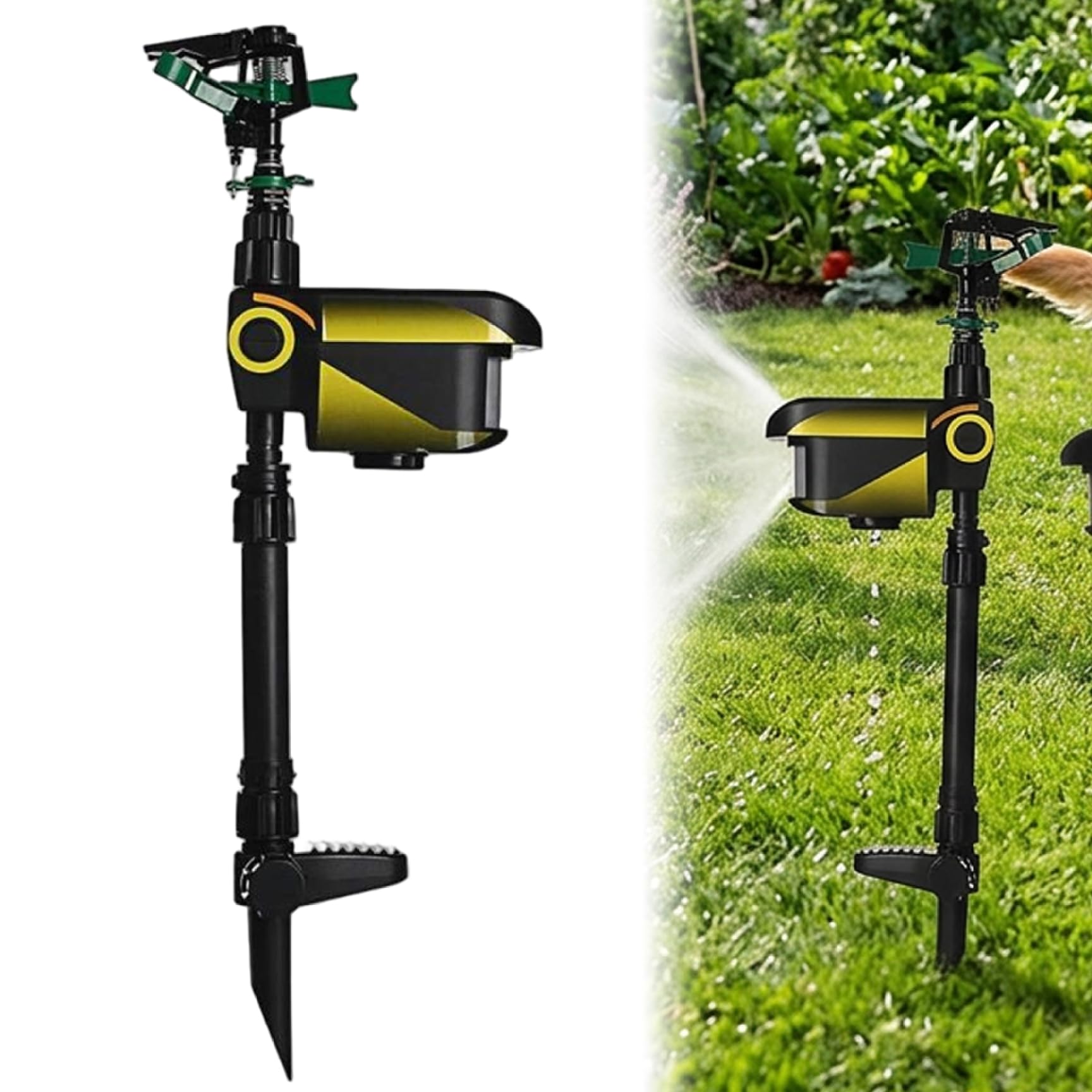 Aspersor Solar Activado por Movimiento, Alcance de pulverización de 10 m, Herramienta de riego de jardín y disuasión de Animales, fácil instalación de estaca en el Suelo