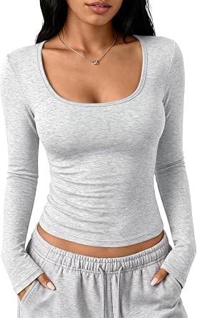 EFAN Womens Long Sleeve Shirts Fall Square Neck Fitted Tops