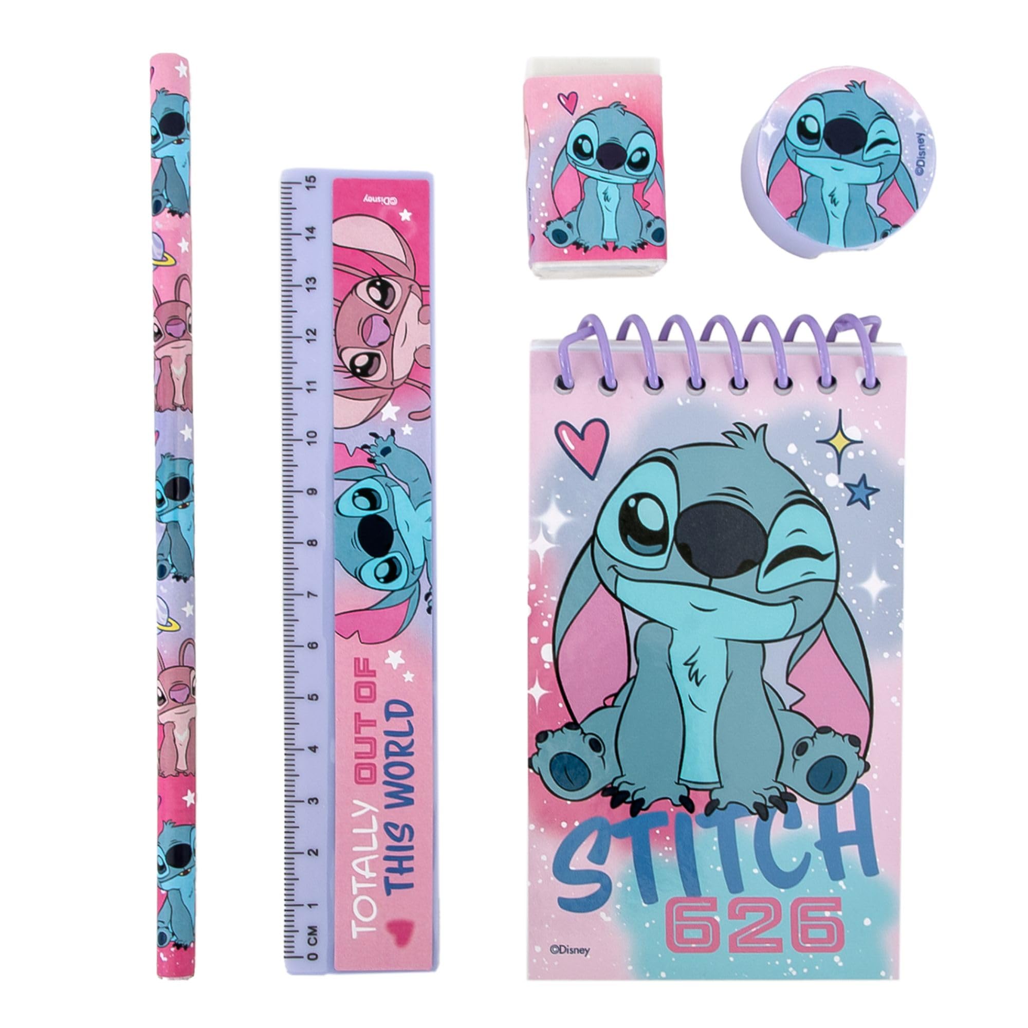 Lilo & Stitch 5 Piece Stationery Set with Pencil, Notepad, Ruler, Eraser and Sharpener for Kids