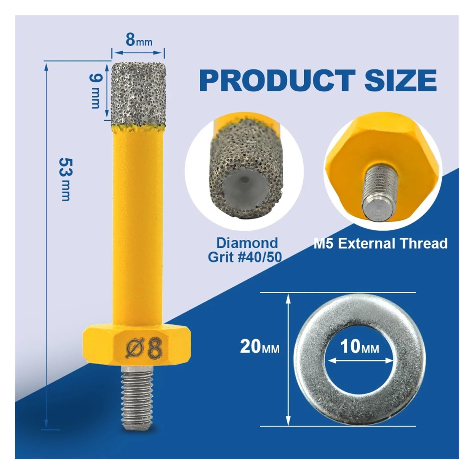 Punta diamantata 5/6/8/10mm M5 punta for sega a tazza filettata esterna for piastrelle in ceramica, porcellana, marmo, granito(8mm)