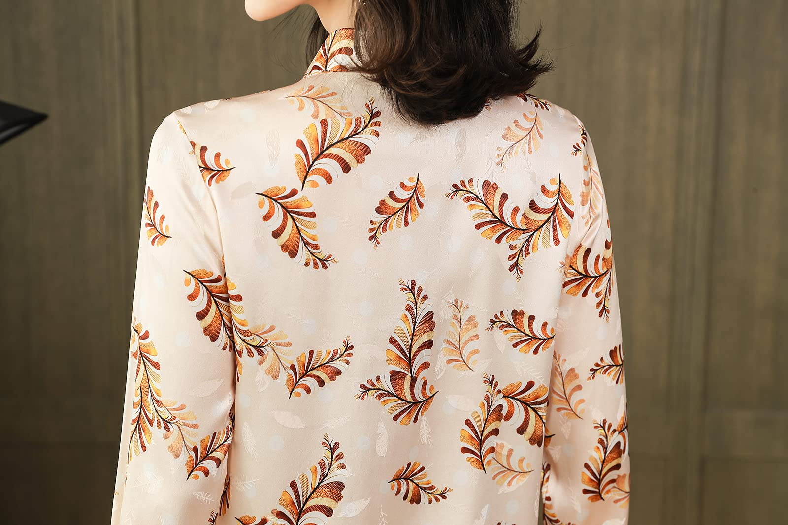 E-girl Blusa de seda para mujer con estampado de botones camisas de mujer blusa de manga larga solapa blusa de seda, S6618
