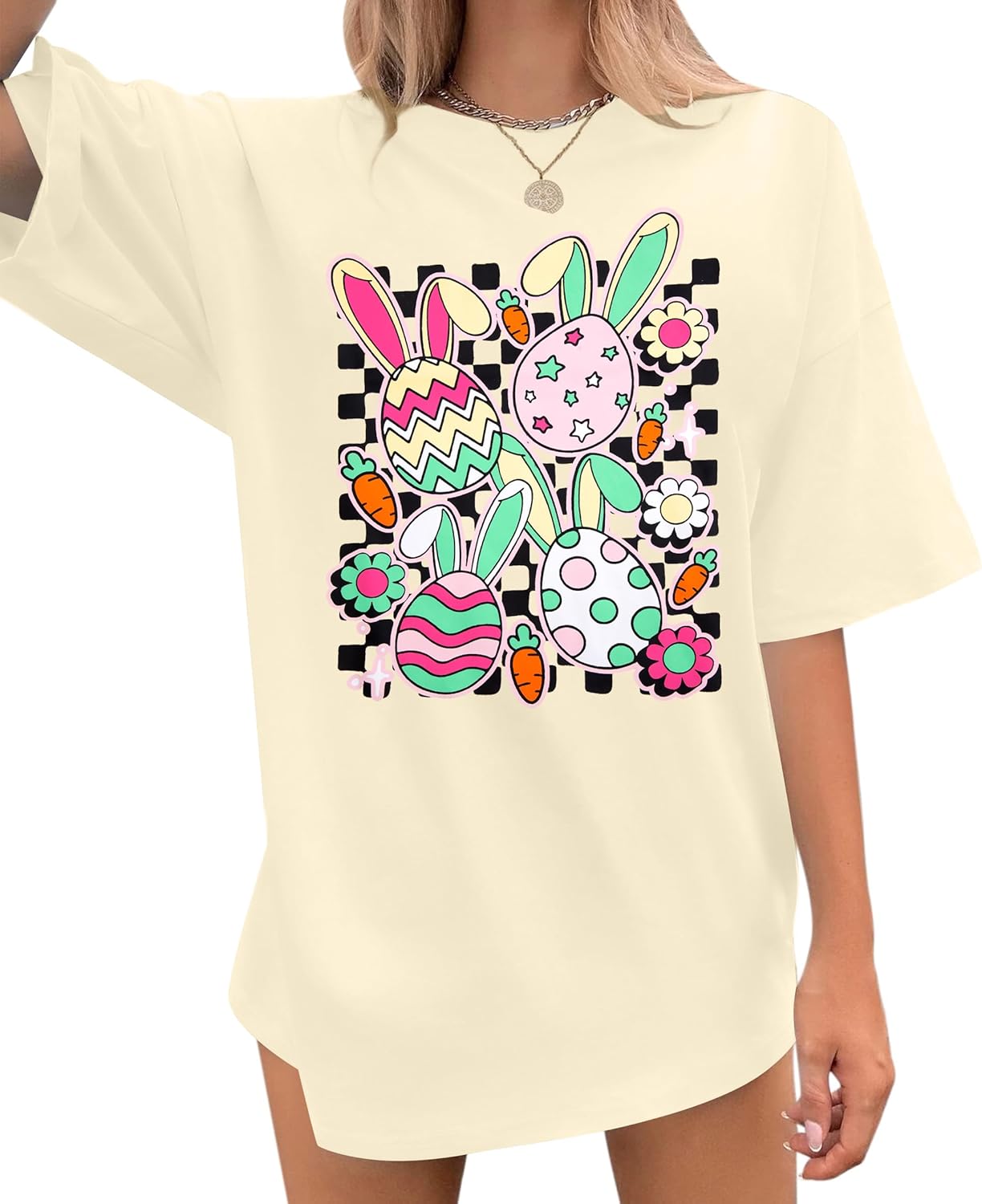 Cute Easter Shirts for Women Happy Bunny Eggs Plaid Printed T-Shirt Oversized Short Sleeve Graphic Tee Tops