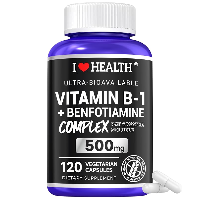 I LOVE HEALTH Suplemento de vitamina B1 com benfotiamina 500 mg + 20 mg, 120 cápsulas