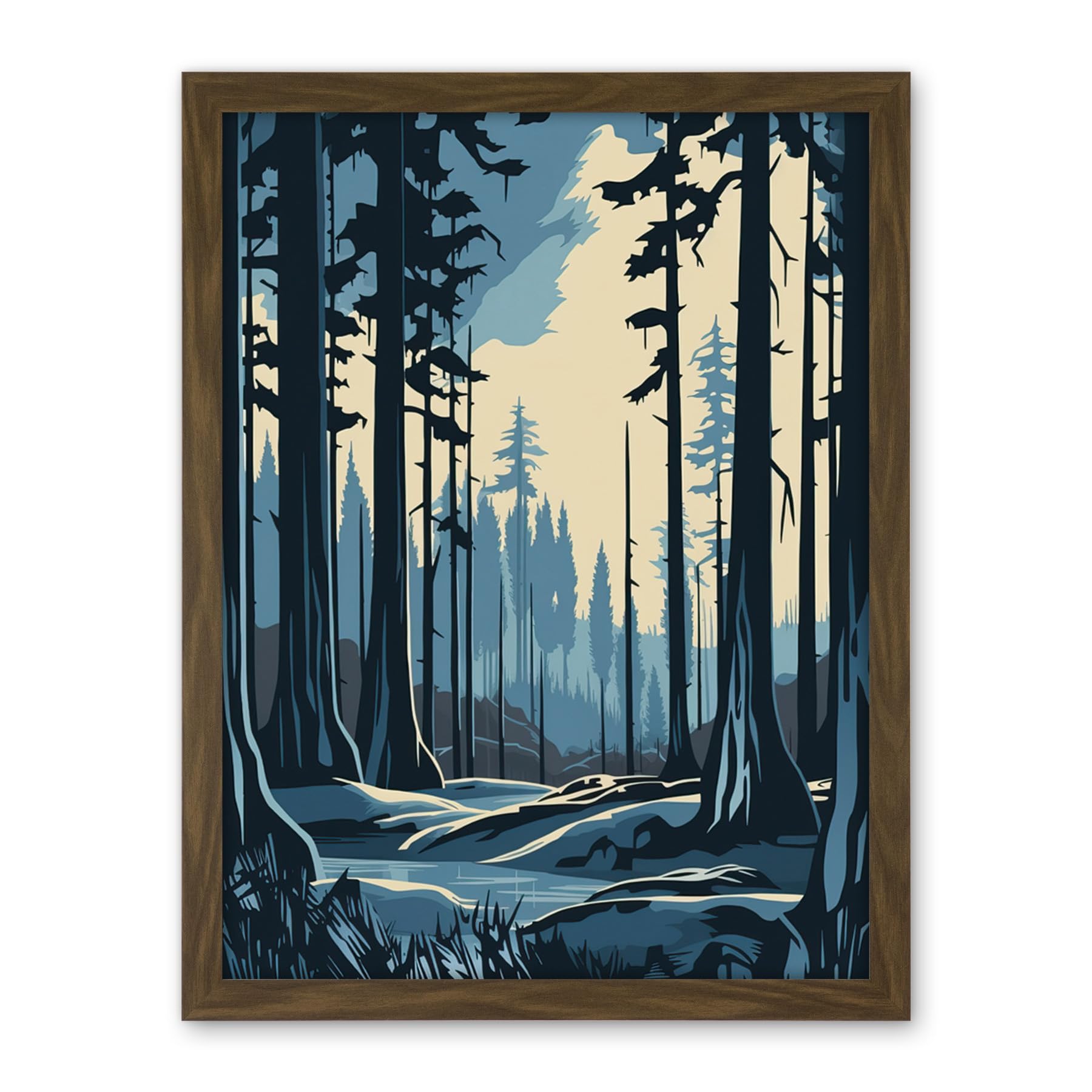 Artery8 Taiga Boreal Forest Winter Landscape Illustration Artwork Framed Wall Art Print 18X24 Inch