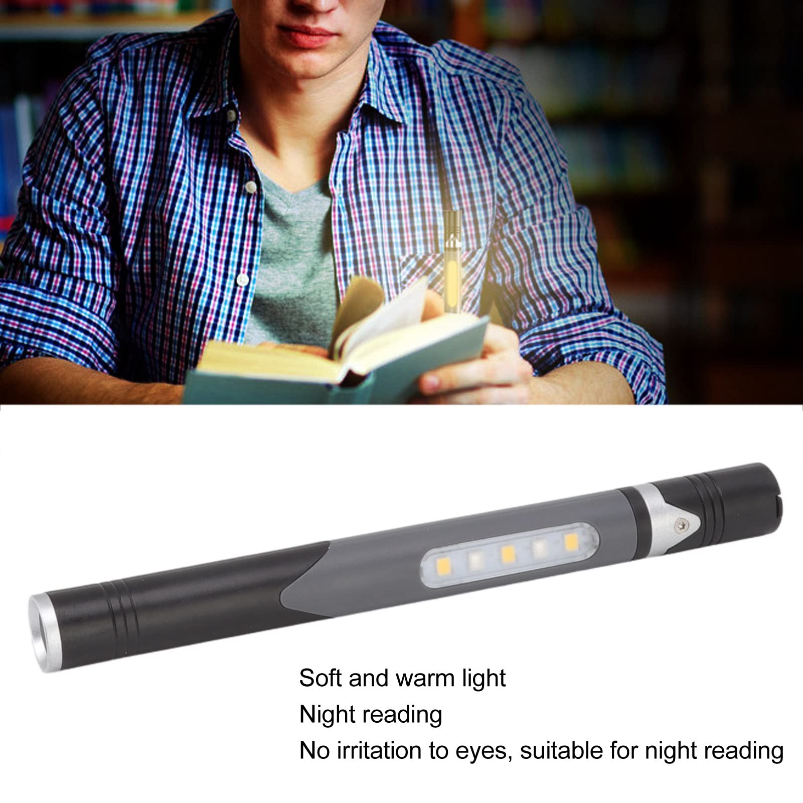 Stylo lampe de poche USB Charge 3 Sources de lumière conception de clip de puce LED pour l'hôpital de réparation (Noire)