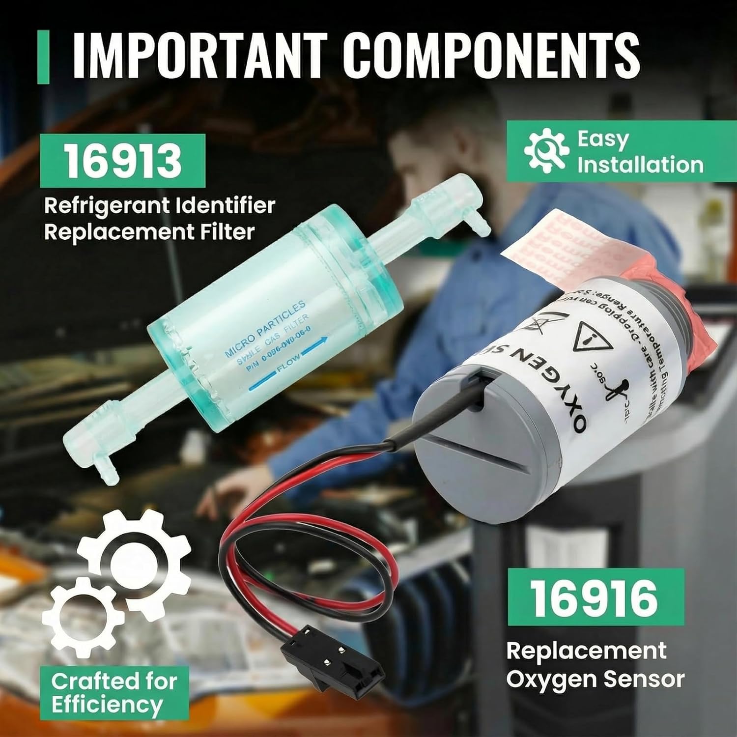 16916 Oxygen Sensor ＆ 16913 Filter Bundle - Black Crimp Terminals Connection | Replacement Sensor Kit for R-1234yf Machines | Fits 16990/16995 Systems