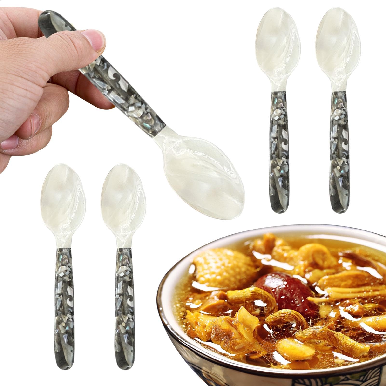 Cucchiai da caviale con manici rotondi, set di 5 cucchiai in madreperla, posate decorative per caviale, eleganti utensili per servire caviale, uova e gelato, da pranzo di alta qualità per