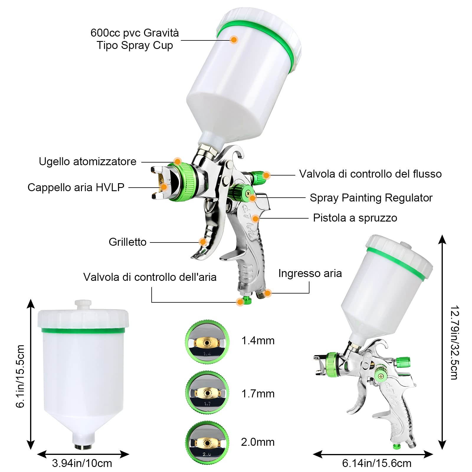 HVLP Pistola Verniciatura Professionale, Pistola a spruzzo ad Alta Efficienza Buona Atomizzazione Pistola da Spruzzo, 3 Ugelli 1,4mm 1,7mm 2,0mm Tazza 600cc