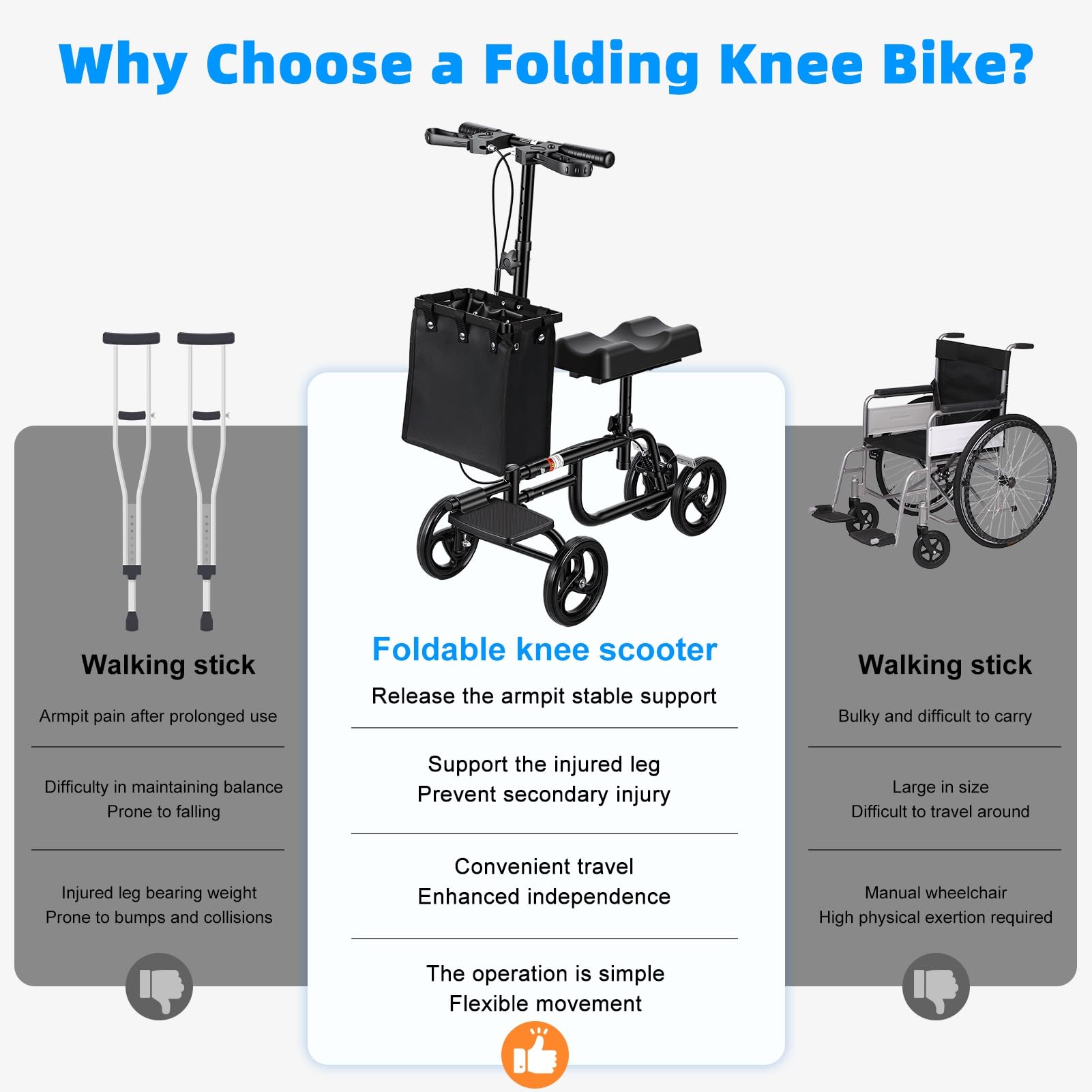 Patinete de rodilla para adultos, andador de rodilla para cirugía de pies, recuperación de lesiones de tobillo roto, acero al carbono, scooter médico, sistema de freno doble, muleta ligera